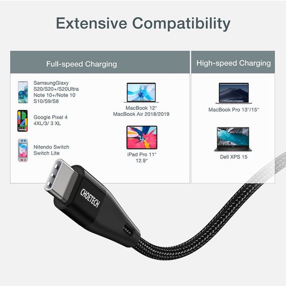 Кабель Choetech XCC-1008,USB 2.0, Power Delivery (PD), до 100 Ватт C-тато/C-тато, 1.8 м. | Зображення 3