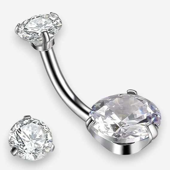 Сережка для пірсингу пупка, бананка класика, білі фіаніти, нержавіюча сталь, Liresmina Jewelry