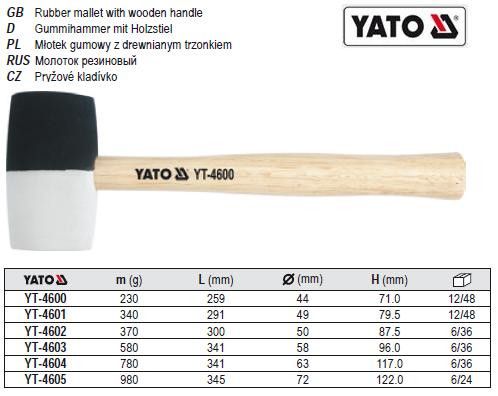 Молоток гумовий 2-шаровий Ø=58 мм m=580 г l=340 мм YATO YT-4603