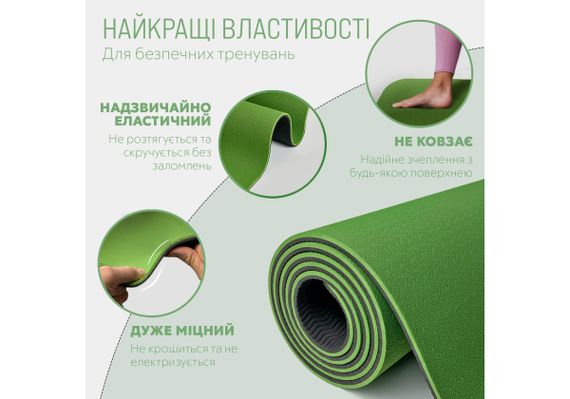 Килимок для йоги та фітнесу EasyFit TPE+TC 6 мм двошаровий, зелений з чорним (EF-1924s-GNBK) | Зображення 3