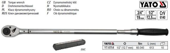 Ключ динамометрический YATO Польша 1/2" 60-340NM l=613 мм YT-0754