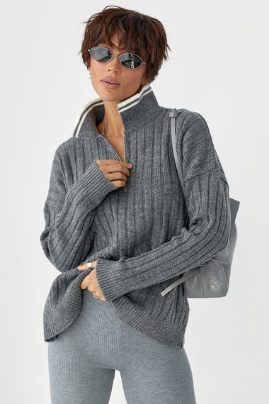 В'язана кофта-поло в широкий рубчик - сірий цвет, ONE SIZE (є розміри) | Зображення 2