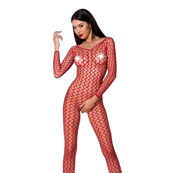 Бодістокінг Passion BS068 red, комбінезон, велика сітка, довгий рукав, S/M/L