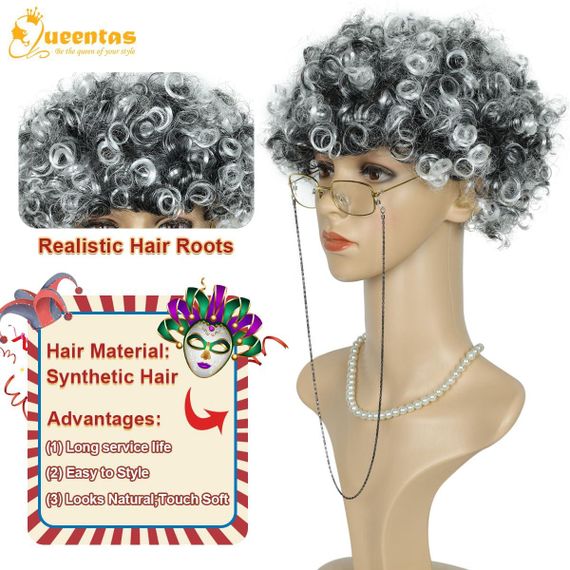 Перука сива бабуся кучерява, термостійка, набір комплект для косплею, свят, Геловіну, корпоратив, вистав | Зображення 4