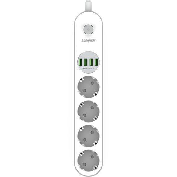 Power filtr 2.0м Energizer 4 розетки, 4xUSB 3.4A, з заземленням білий | Зображення 1