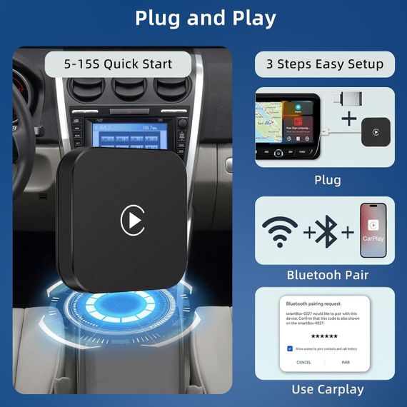 Беспроводной адаптер Carplay для iPhone iOS 10+ карплей конвертация проводного соединение авто Wi-Fi Bluetooth | Зображення 2