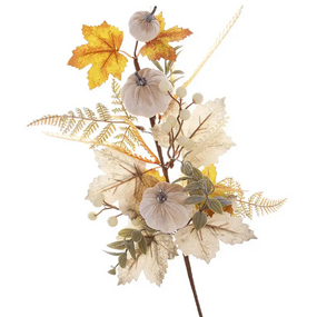 Декоративна гілка з оксамитовими гарбузами, ягодами і листям 60см, колір - кремовий