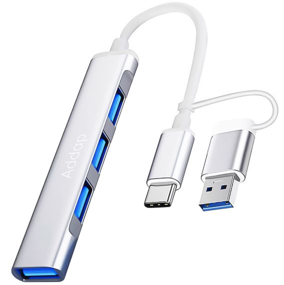 Універсальний Type-C хаб з адаптером під USB порт Addap UH-05D, концентратор / розгалужувач для ноутбука на 4 порти USB, Silver | Зображення 1