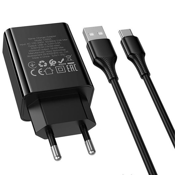 СЗУ Hoco CS92A Leader 18W+QC3.0 (1USB-A) + кабель USB to Type-C Black | Зображення 6