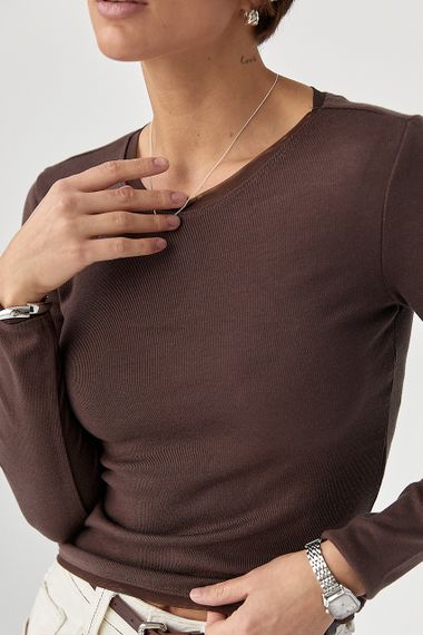 Однотонний лонгслів із сітчастою окантовкою - коричневий цвет, XL (є розміри) | Зображення 3