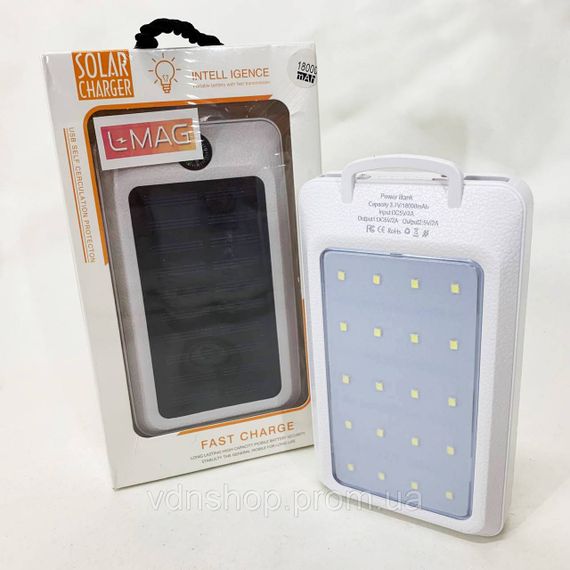 УМБ Power Bank Solar 18000 mAh мобильное зарядное с солнечной панелью и лампой, Power Bank Charger White AJ-42 | Зображення 1