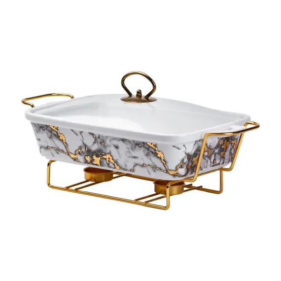 Настольная мармитница 1.5 литра мармит прямоугольный фарфоровый 35х19х11.5 см для вторых блюд Мрамор HP1032 | Зображення 2