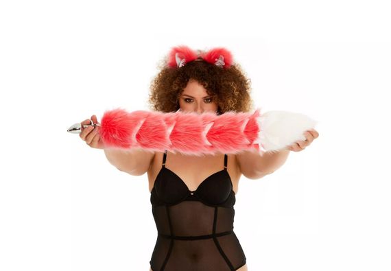 Анальний хвіст зі стрічкою без пробки, Яскраво-рожевий з білим кінчиком, OKOVA 60 см. sexstyle | Зображення 2