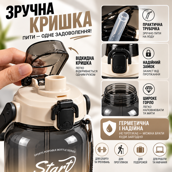 Спортивная бутылка для воды START TRAINING 1500 мл с ручкой и трубочкой - черная, большая фитнес-бутылка 1,5 л | Зображення 2