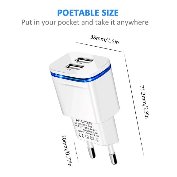 USB зарядний пристрій для телефонів і планшетів на 2 роз'єми LUOATIP, 3-Pack Travel Charger 2.1A/5V | Зображення 1