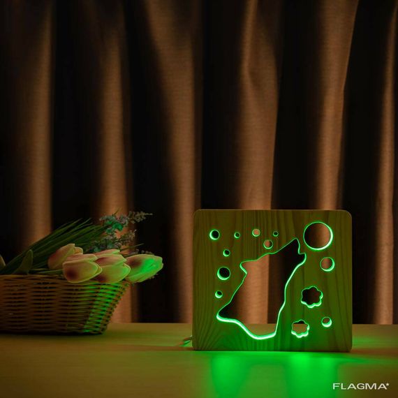 Светильник ночник ArtEco Light из дерева LED "Волк и луна" с пультом и регулировкой... | Зображення 1