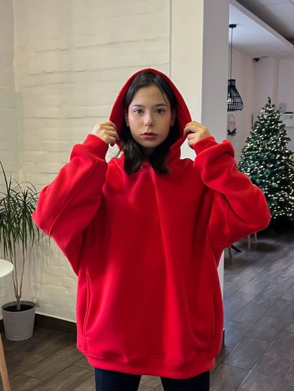 Жіноче тепле худи супер оверсайз подовжений на флісі колір червоний розмір S/L AtD0034