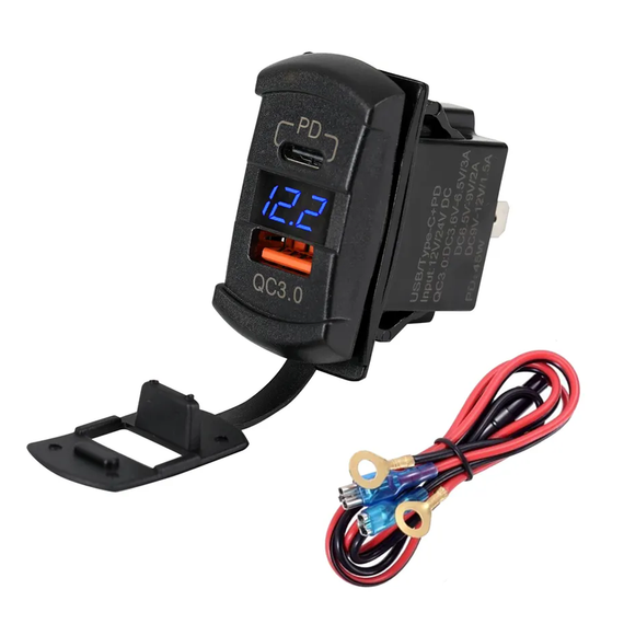 Автомобільна врізна швидка зарядка з вольтметром, 12-24 В, QC3, USB і Type-C (DS2013-E-P21) | Зображення 1