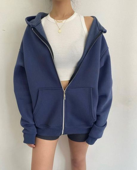 Жіноче зип-худі оверсайз на блискавці тепле на флісі з капюшоном розмір 42/46 колір темно-синій GF052