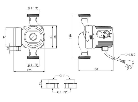 Циркуляционный насос Pumpman GRS25/60/180 Нmax 6 м Qmax 3,3 куб.м 93 Вт с гайками (CV029797) | Зображення 1