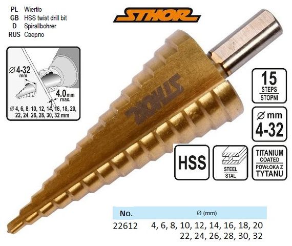 Сверло Польша коническое ступенчатое по металлу HSS 4241 Ø=4-32 мм STHOR-22612