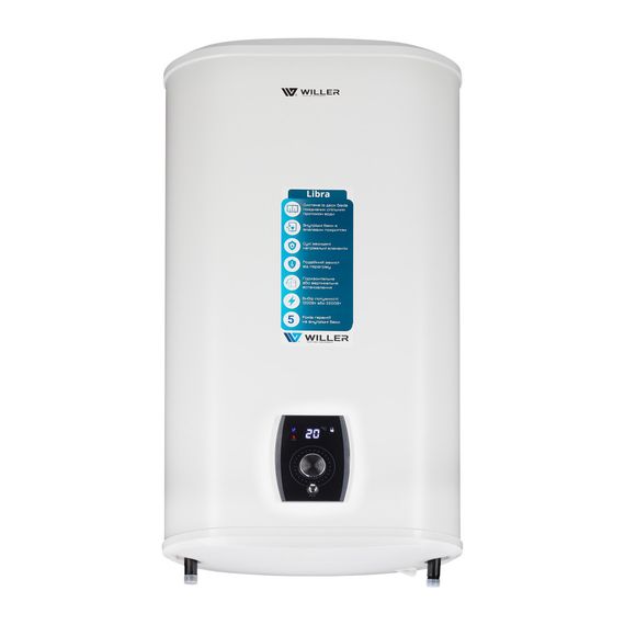 Водонагрівач WILLER Libra, 2,0 кВт, "сухий" ТЕН, 80 л, прямокутний, універсальний, білий (EVH80DR)