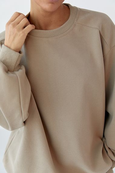 Теплий однотонний костюм зі світшотом та штанами зі складками - світло-коричневий цвет, L (є розміри) | Зображення 3