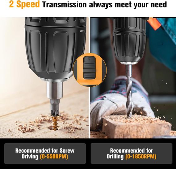 Дриль шурупокрут акумуляторний JYGMPRO 21 В, ударний дриль із 2 батареями 2000 мА·год, крутний момент 25+3, макс | Зображення 2