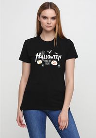 Футболка жіноча чорна з принтом "Trick or treat", L