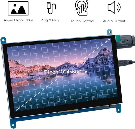 LAFVIN 7-дюймовый IPS LCD сенсорный экран дисплей панель 1024 x 600 емкостный экран HDMI монитор для Raspberry Pi, BB черный, Windows 10 8 7 | Зображення 3
