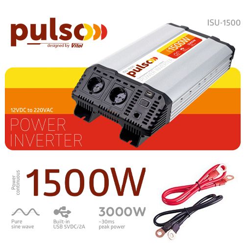 Перетворювач напруги PULSO/ISU-1500/12V-220V/1500W/LCD/USB-5VDC2.0A/син.хвиля/клеми | Зображення 1