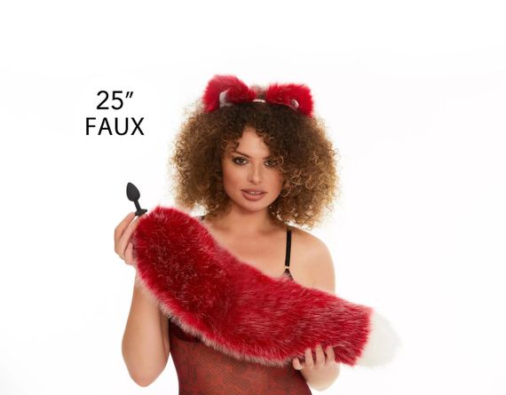 Анальний хутряний пухнастий хвіст без пробки, Темно-червоний з білим кінчиком, OKOVA 60 см. Sex Aura