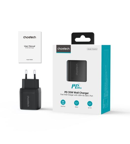 Мережевий зарядний пристрій Choetech PD6052-EU-BK, USB-A/USB-С | Зображення 2