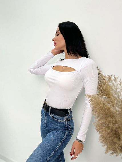 Женская кофта с вырезом на груди в рубчик GF4100 цвет белый, размер 50 | Зображення 4