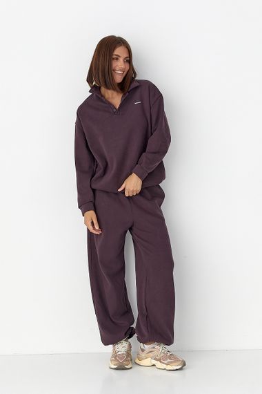 Теплий костюм зі світшотом-поло і прямими штанами - баклажан цвет, ONE SIZE (є розміри) | Зображення 1