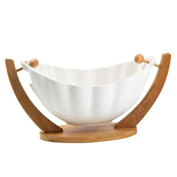 Фруктівниця порцелянова 33*14*16 см на бамбуковій підставці, білий HP1238