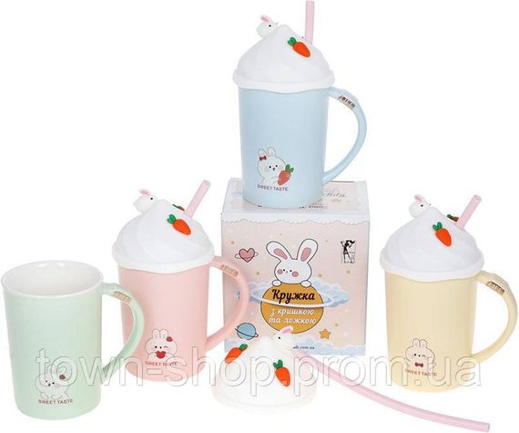 Кружка фарфоровая "Sweet Taste" 400мл с силиконовой крышкой и трубочкой, 4 дизайна BD-927-227 | Зображення 1