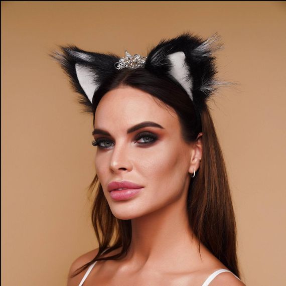 Хутряні вушка кішки, Чорні з білим OKOVA Sex Aura