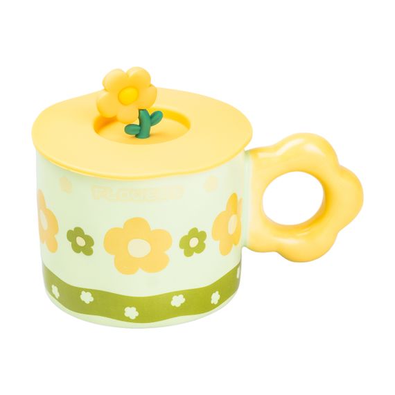Чашка керамічна Flowers 300 мл із кришкою, зелений