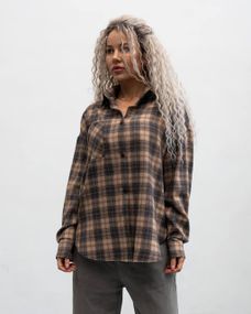 Женская фланелевая рубашка в клетку на пуговицах свободная, MN0003  цвет коричневый, размер L/XL