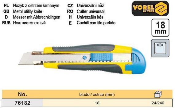 Ніж пістолетний профі висувне лезо 18 мм прогумований корпус VOREL-76182