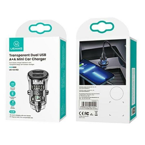 АЗП Usams US-CC162 C31 15W Transparent Dual USB A+A Mini Car Charger | Зображення 6