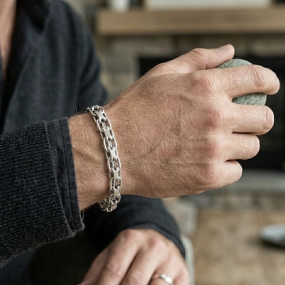 Срібний браслет 20 см широкий, подвійне якірне плетіння, чоловічий 925 | Зображення 1
