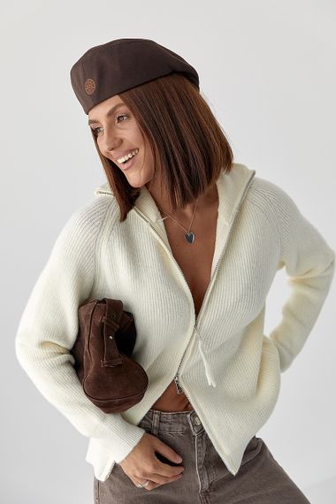 В'язаний кардиган із коміром на блискавці - молочний цвет, ONE SIZE (є розміри) | Зображення 4