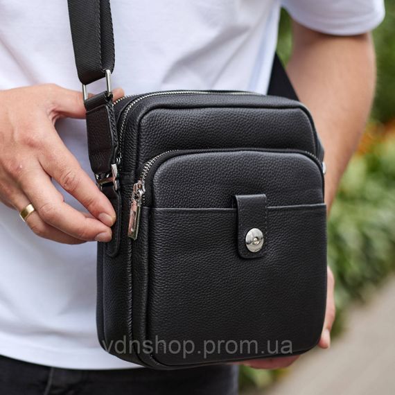 Мужская кожаная универсальная сумка 24х20х8, барсетка из кожи, сумочка для мужчин с регулировкой ручки, черная