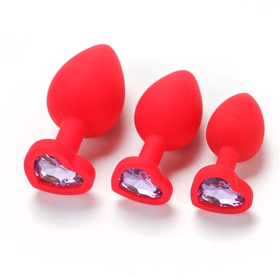 Набор силиконовых анальных пробок красного цвета с кристалами в форме сердечка (размер S,M,L) | Зображення 6