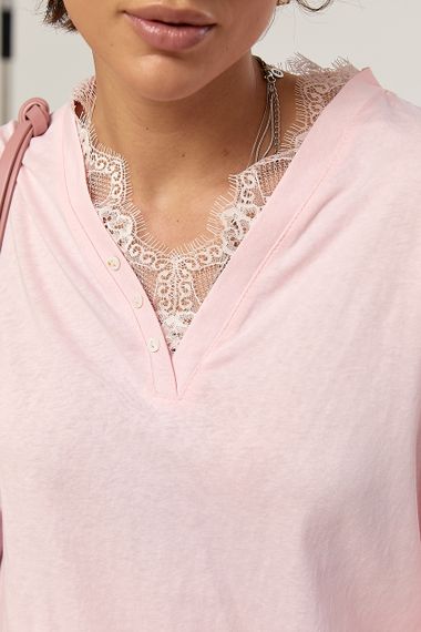 Вільний лонгслів з мереживом - пудра цвет, ONE SIZE (є розміри) | Зображення 3