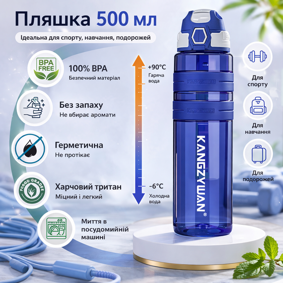 Спортивная бутылка для воды KANGZYUAN 500 мл Синяя Тритановая (BPA Free), с клапаном и поилкой | Зображення 2