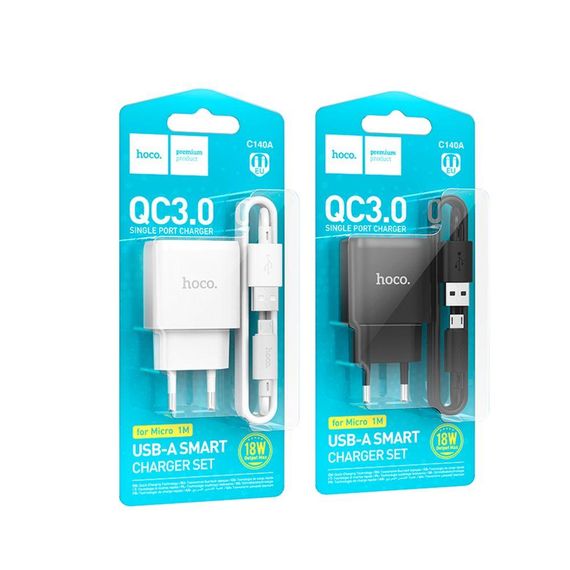 Мережевий Зарядний Пристрій Hoco C140A 1USB QC 18W+USB to Micro Колір Чорний | Зображення 5