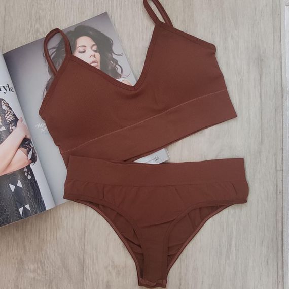 Комплект женского нижнего белья в рубчик S/M  коричневый
